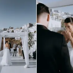 Wzruszona panna młoda podczas ślubu cywilnego. W tle białe domy i ceremonia pod baldachimem.