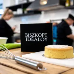 Idealny moment, by zacząć piec biszkopt na tort. Na stole leży trzepaczka, obok puszysty biszkopt i czarna tabliczka z napisem "BISZKOPT IDEALOY".