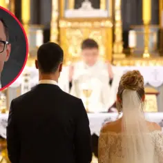Mężczyzna w okularach i para młoda przed ołtarzem. Czy można wziąć ślub kościelny więcej niż raz?