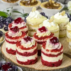 Słodkie pożegnanie w pracy: czerwone torty red velvet z wiśniami, kremowe babeczki z jagodami i cytrynowe mini deserki.