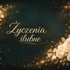 Eleganckie życzenia na ślub z bukietami jasnych róż i złotymi detalami.