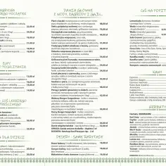 Menu karczmy na lednicy: dania główne, zupy, sałatki, desery i napoje.