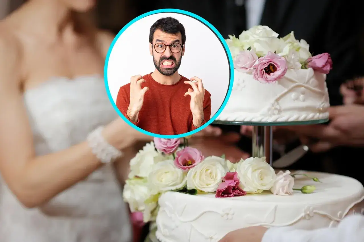 Zestresowany pan młody w okularach, z wściekłą miną, obok tortu weselnego. Czy można wziąć ślub na zwolnieniu lekarskim?