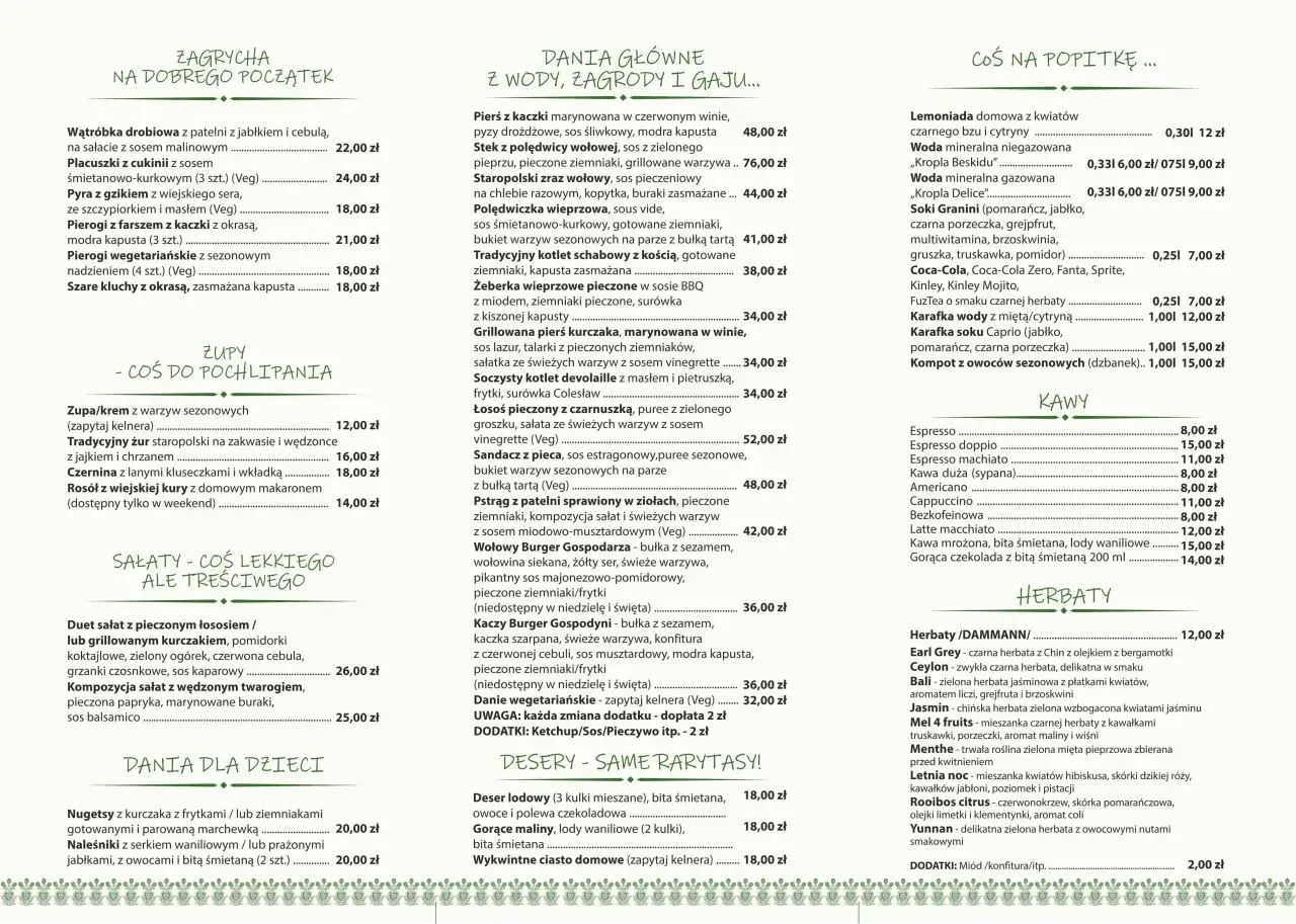 Menu karczmy na lednicy: dania główne, zupy, sałatki, desery i napoje.
