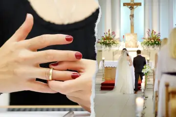 Czy mając ślub cywilny można przystępować do komunii świętej? Dwie sceny: zakładanie obrączki i ślub kościelny.