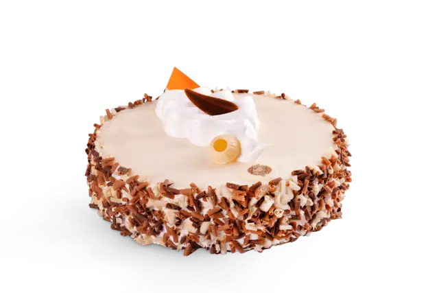 Elegancki tort z białą polewą, ozdobiony czekoladowymi wiórkami i kremową rozetą. Idealny na specjalne okazje, jak zamówić tort w sowę?